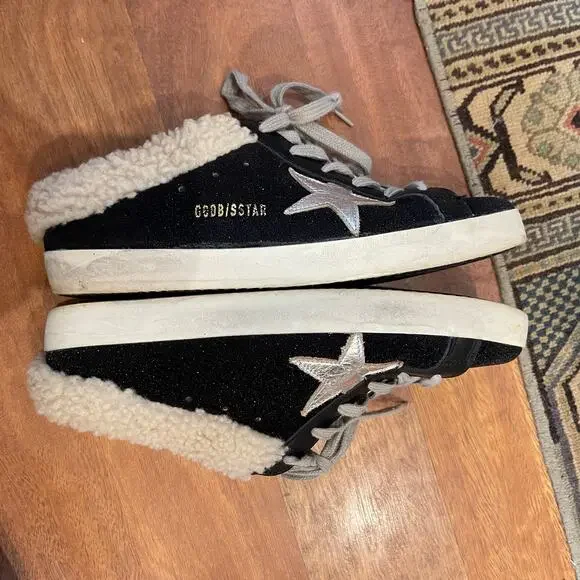 Golden Goose Sabot Shearling Lined Leather Slip On Sneakers Black White Size 10 - Picture 12 of 16